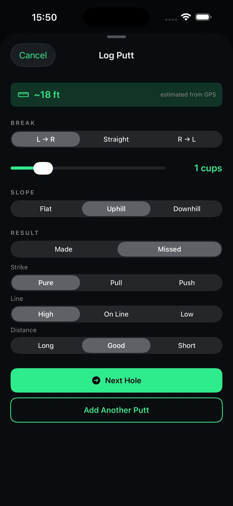 Detailed putt logging with miss breakdown